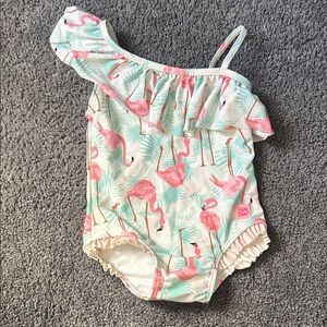 Ruffle Butts Vibrant Flamingo 2t One-Shoulder Ruffle Baby Swimsuit - Pink & Mint